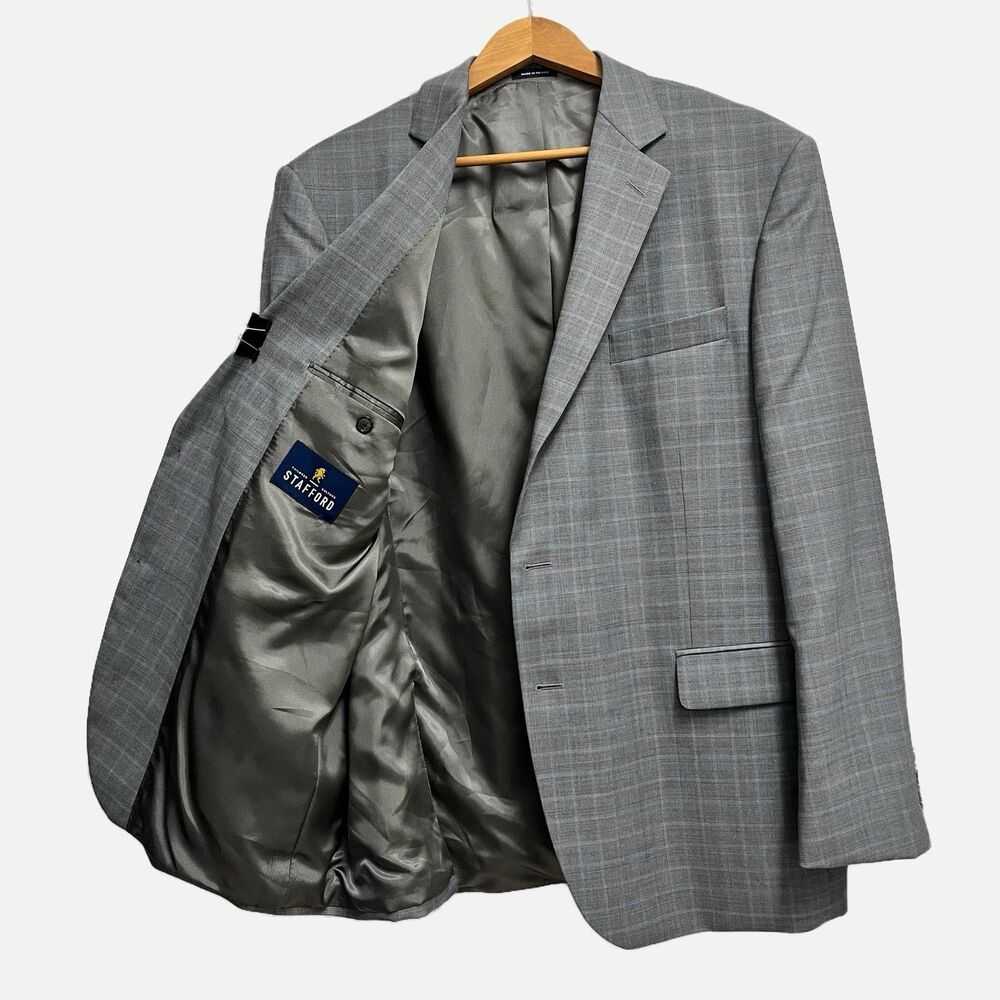 Stafford Classic Fit Travel Grey Glen Plaid Blazer Sport Coat Size 46R  2 Button